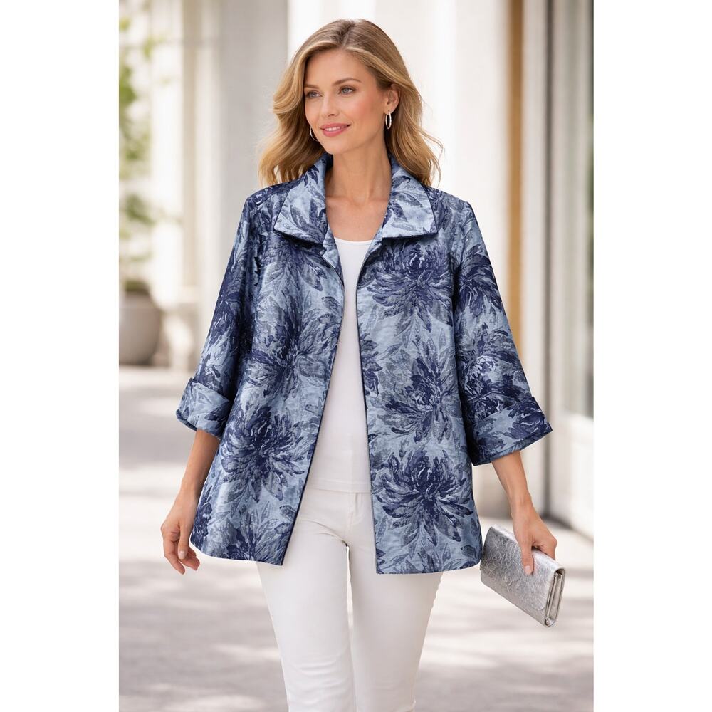 Chico's Jacket Blazer Teal Blue Gray Floral Topper Duster Blazer Size 3P (16)